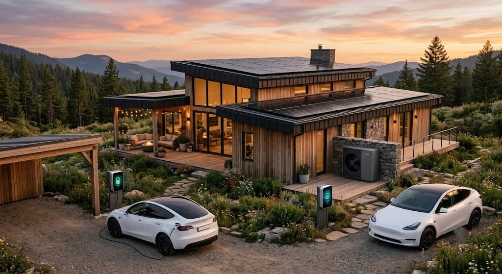 Modern sustainable home with solar panels, EV charging, and electric vehicles at sunset